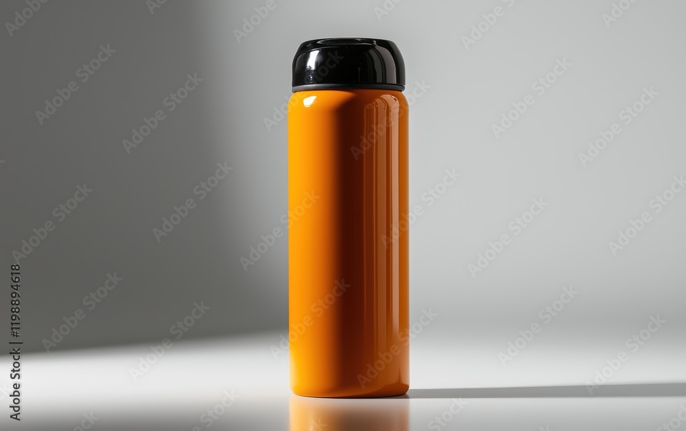 Shiny orange thermos flask with bold black details, placed on a stark white surface Shiny orange thermos flask with bold black details, placed on a stark white surface
