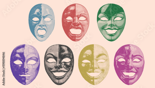 Venetian carnival, theatrical and halloween masks in 8bit + dithering effect. Editable color. Highly defined. Perfect for any creative project. 