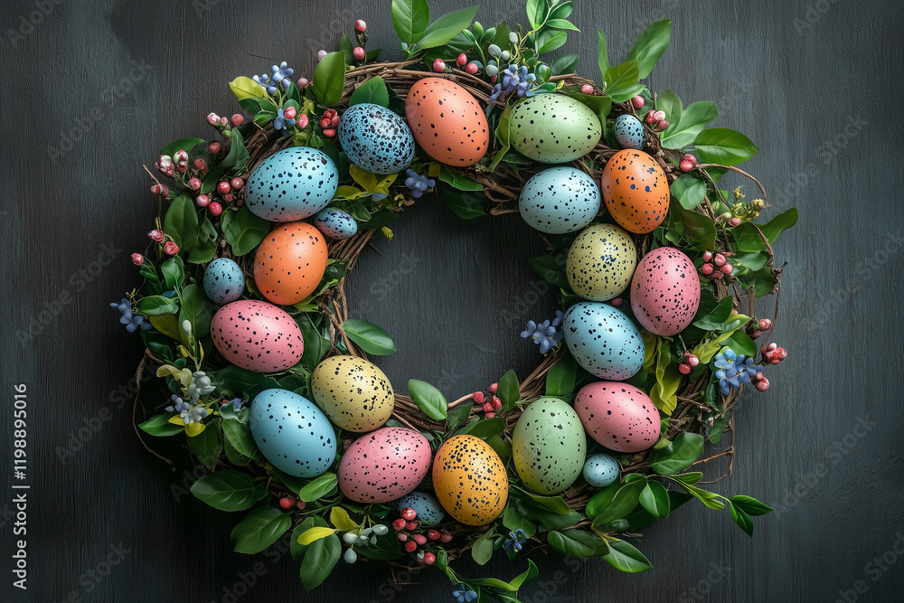 Colorful Easter egg wreath with green leaves and berries. Colorful Easter egg wreath with green leaves and berries.