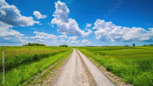 Rural road lined with vibrant green grass under a blue sky