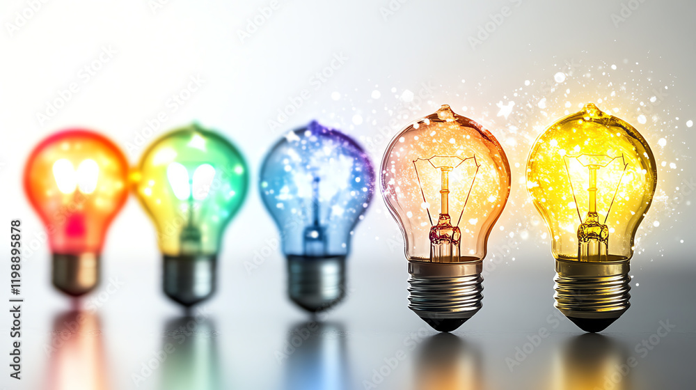 Colorful light bulbs illuminated with sparks, symbolizing creativity and innovation in technology and ideas. Colorful light bulbs illuminated with sparks, symbolizing creativity and innovation in technology and ideas.