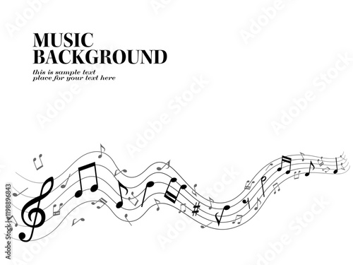 ウェーブするメロディーラインと音符粒子の背景