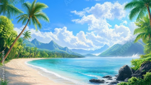 A Tropical Paradise with Palm Trees, Mountains, and a Clear Blue Ocean