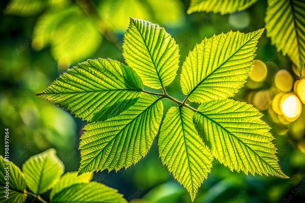 Lush Green Five-Toed Leaves with Serrated Edges - Vibrant Nature Stock Photo Lush Green Five-Toed Leaves with Serrated Edges - Vibrant Nature Stock Photo