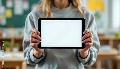 A female teacher holds a tablet with a blank screen, demonstrating the incorporation of technology into e-learning and education photo