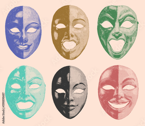 Venetian carnival, theatrical and halloween masks in 8bit + dithering effect. Editable color. Highly defined. Perfect for any creative project. 
