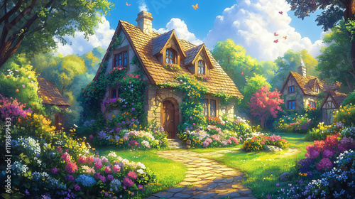 Medieval Fantasy Garden House Illustration in a Vibrant and Cheerful Town Setting