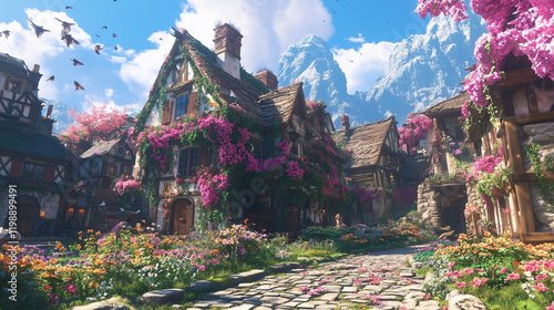 Medieval Fantasy Garden House Illustration in a Vibrant and Cheerful Town Setting
