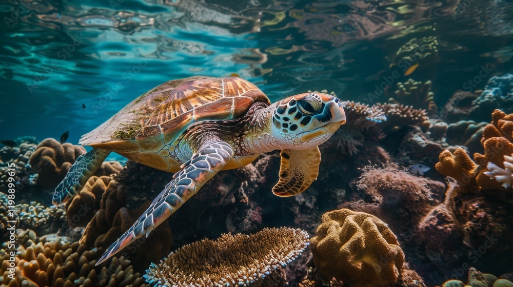 Fototapeta premium Sea turtle gracefully swimming through vibrant coral reef environment