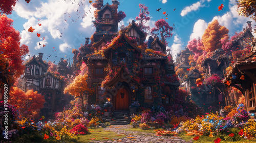 Medieval Fantasy Garden House Illustration in a Vibrant and Cheerful Town Setting