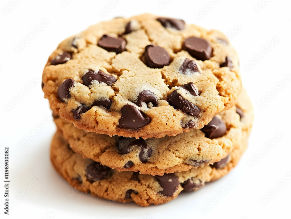 Close-Up Of Three Delicious Chocolate Chip Cookies Stacked Together On A White Background, Highlighting Their Texture. Generative AI Close-Up Of Three Delicious Chocolate Chip Cookies Stacked Together On A White Background, Highlighting Their Texture. Generative AI