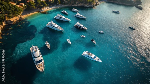 Majorca Panorama, beautiful seascape bay with luxury yachts at the coast of Santa Ponsa, Mallorca Mediterranean Sea, Balearic Islands.