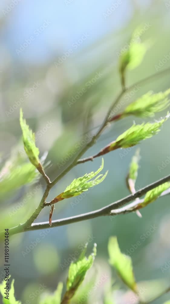 Vertical video, Young leaf tree buds on twigs in spring. Fresh light green leaves on blue sky background in sunlight. Beautiful fresh nature. Tender green foliage in springtime. Gentel forest leaves Vertical video, Young leaf tree buds on twigs in spring. Fresh light green leaves on blue sky background in sunlight. Beautiful fresh nature. Tender green foliage in springtime. Gentel forest leaves