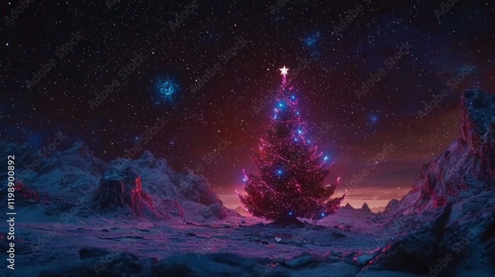 Fototapeta premium Festive Alien Landscape Illuminated Christmas Tree on a Starry Night Futuristic Winter Scene