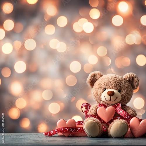 Wallpaper Mural Close-up of Valentine's bear plush with intricate stitching details, set against a blurred romantic background with glowing lights, ample clean copyspace for design use, no trademark, dreamy and Torontodigital.ca