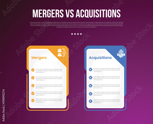 business mergers vs acquisitions infographic for comparison data with creative big table price with badge on header side with modern dark gradient style background with 2 point information