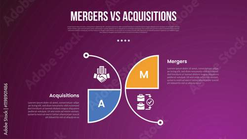 business mergers vs acquisitions infographic for comparison data with creative outline half circle with modern dark gradient style background with 2 point information