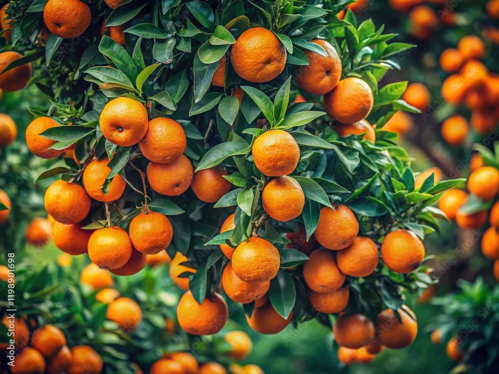 Lush Orange Grove: Vibrant Oranges on Wild Green Trees - Stock Photo Lush Orange Grove: Vibrant Oranges on Wild Green Trees - Stock Photo