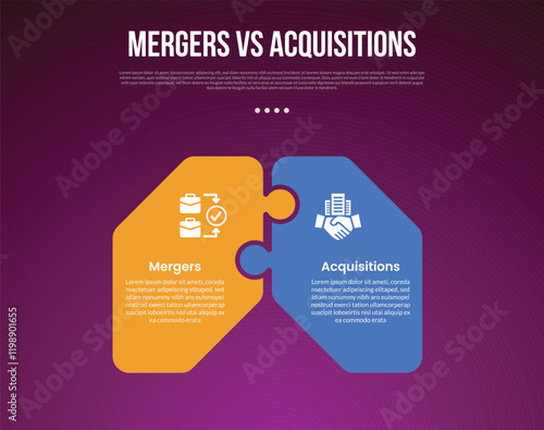 business mergers vs acquisitions infographic for comparison data with round puzzle box connection with modern dark gradient style background with 2 point information