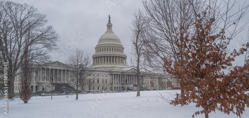 US Washington D. C. in winter snow. Capitol Building in night. Washington city Capitol. United States Capital. USA landmark. Supreme Court. Washington D.C. Night Washington Capital city. photo