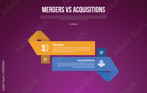 business mergers vs acquisitions infographic for comparison data with big rectangle ribbon shape up and down with modern dark gradient style background with 2 point information