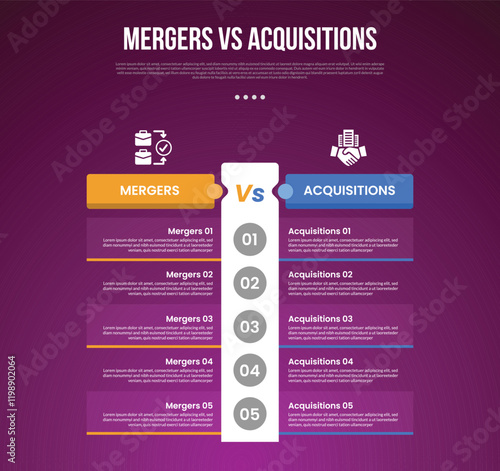 business mergers vs acquisitions infographic for comparison data with table point no boundaries with big vertical box with modern dark gradient style background with 2 point information