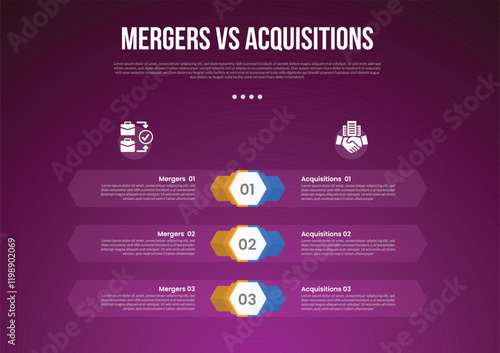 business mergers vs acquisitions infographic for comparison data with hexagon shape and transparent container as background with modern dark gradient style background with 2 point information