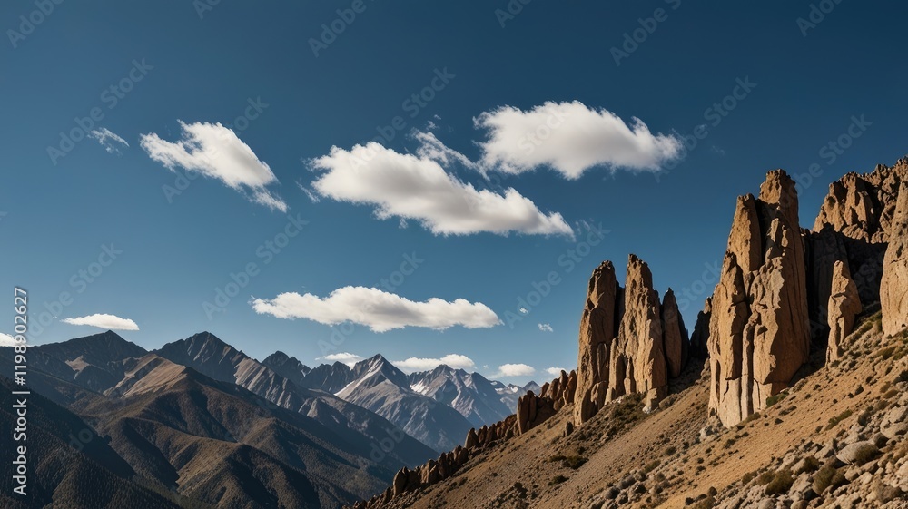 pinnacle mountain range,Rugged Mountain Range with Sharp Pinnacles Against a Blue Sky

