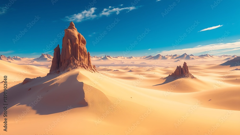 Naklejka premium Majestic sandstone formations rise from the golden sands of a vast desert landscape under a brilliant blue sky, creating a breathtaking natural scene.