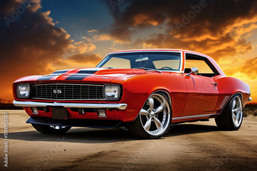 Classic Chevy Camaro parked on an open road at sunset with stunning clouds in the background