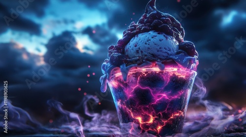 A visually stunning ice cream sundae with swirling colors and dramatic effects.