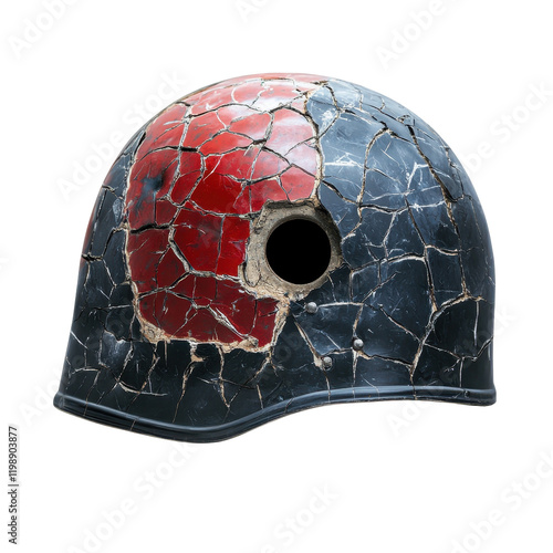 Cracked Helmet: Close-up of a vintage helmet with cracked and chipped paint, revealing layers of red and black underneath. The helmet shows significant wear and tear. photo