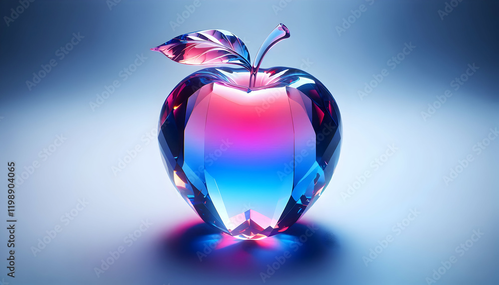 Obraz premium Fruit A crystal-like apple with a reflective surface and a gradient of magenta fading into deep blue The a4