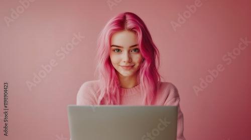 Woman with pink hair working on a laptop against a plain pink backdrop, symbolizing focus, remote work, and creativity photo