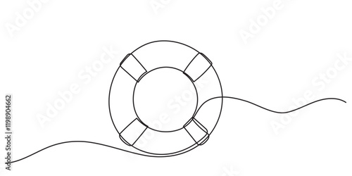 A continuous line drawing of lifebuoys, rescue belts, and an inflatable rubber ring with rope, symbolizing safety and assistance for drowning victims. the quick help a rescue ring provides, a single.