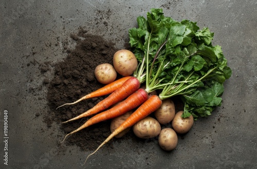 Fresh raw carrot, beetroot and potatoes on soil in garden. Organic vegetables background photo