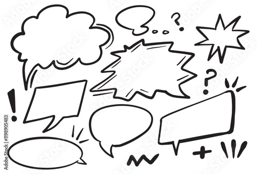 Speech bubble set. Silhouette conversational drawn message thoughts chat comics blank dialog. hand drawn grunge look vector box clouds
