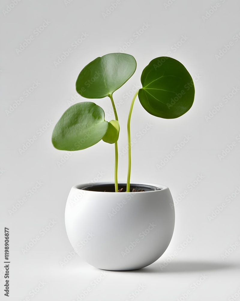A small potted plant with round green leaves in a minimalist white pot.