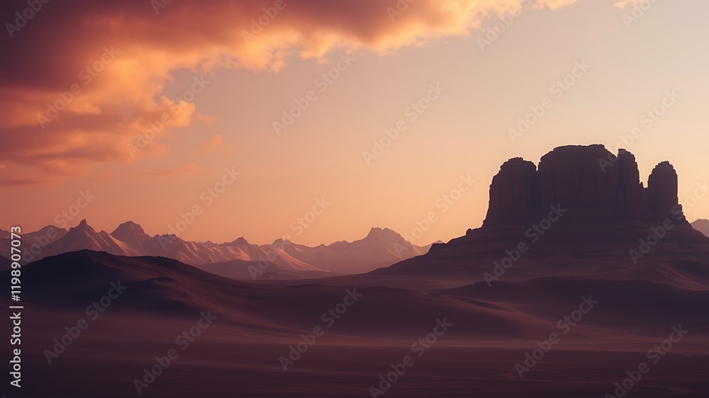 Naklejka premium Majestic desert landscape at sunset: a dramatic silhouette of mountains and rock formations under a vibrant sky,