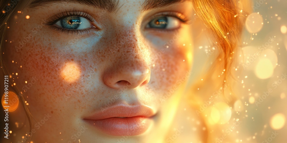 Golden Hour Portrait: A Radiant Close-Up of a Freckled Woman Golden Hour Portrait: A Radiant Close-Up of a Freckled Woman