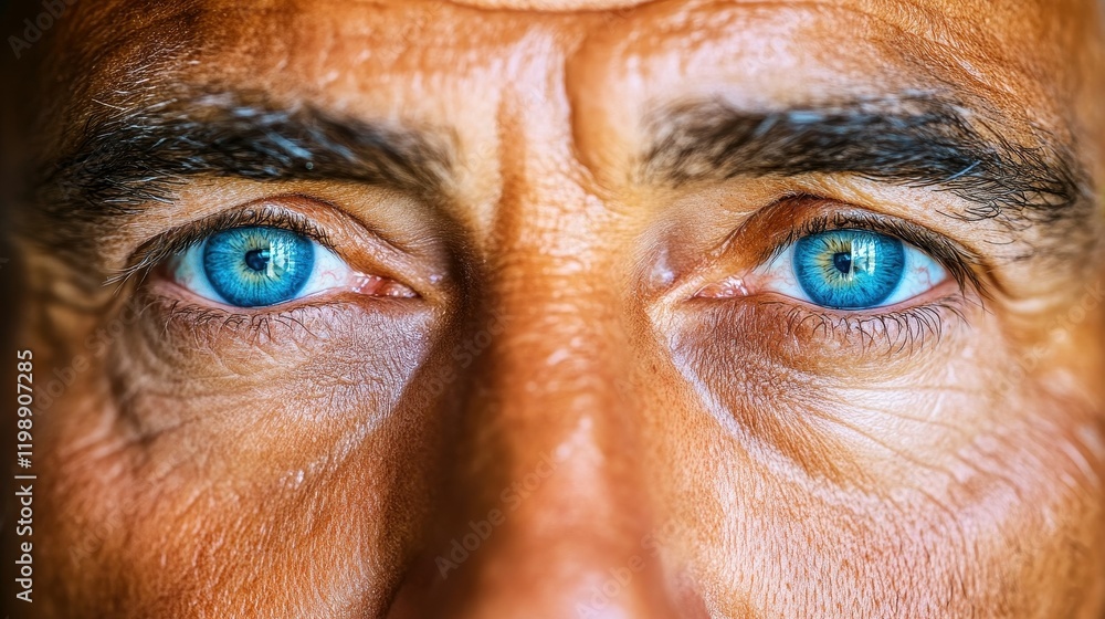 Fototapeta premium A man presents a captivating close-up view of his face, featuring vibrant blue eyes and weathered skin that reflect his life experiences and outdoor activities under the sun