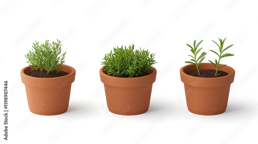 Three terracotta pots with different herbs growing in them. Three terracotta pots with different herbs growing in them.