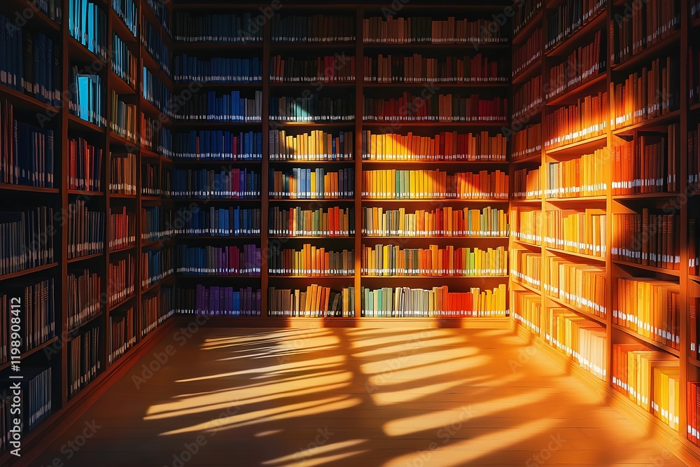 Warm lighting illuminates shelves in a library, casting shadows that create a divided pattern. Books arranged in gradients depict an ideological spectrum, enhancing the atmosphere Warm lighting illuminates shelves in a library, casting shadows that create a divided pattern. Books arranged in gradients depict an ideological spectrum, enhancing the atmosphere