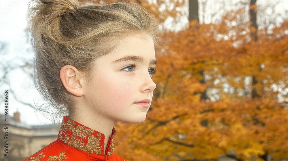 Fototapeta premium A young girl wearing a traditional red dress poses outdoors, showcasing her calm demeanor. Autumn leaves create a colorful backdrop, complementing her attire in a serene environment