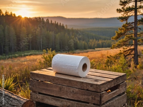 A toilet paper roll sitting on a rustic wooden crate in an outdoor setting. photo