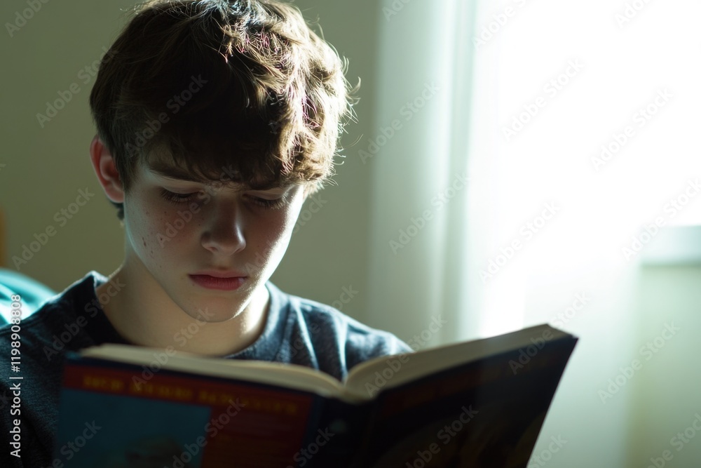 A young boy reads a book by the light of his desk lamp in a dimly lit room A young boy reads a book by the light of his desk lamp in a dimly lit room