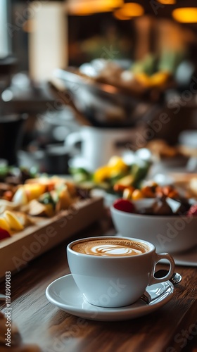 Close up of cup of coffee and buffet breakfast