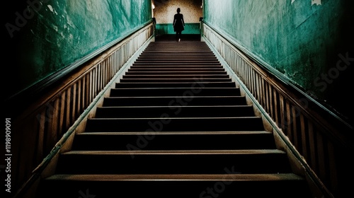 A solitary figure climbs a dimly lit staircase in an old  abandoned building. The green walls and wooden steps create an eerie atmosphere  hinting at a mysterious journey