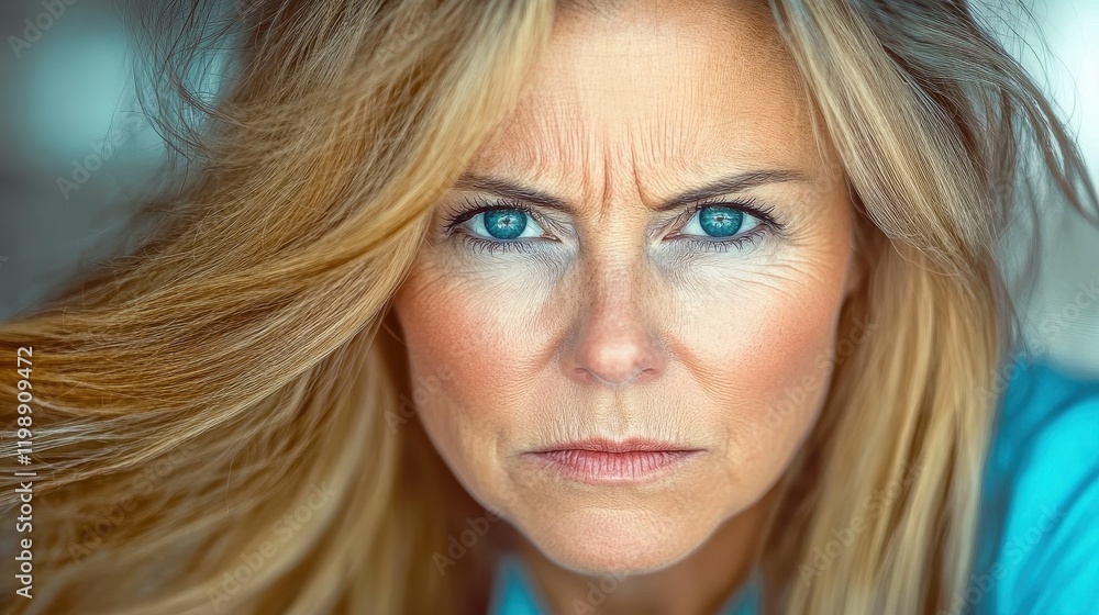 A woman stares intensely at the camera, her striking blue eyes capturing attention. Loose hair frames her face, and the natural light highlights her features A woman stares intensely at the camera, her striking blue eyes capturing attention. Loose hair frames her face, and the natural light highlights her features