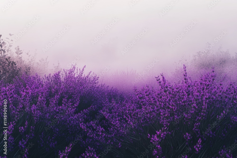 Naklejka premium Misty purple lavender field at dawn, serene and tranquil.